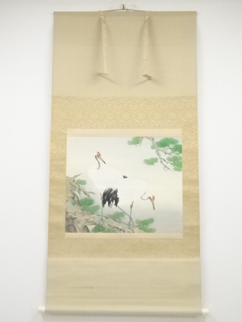 JAPANESE HANGING SCROLL / HAND PAINTED / CRANES